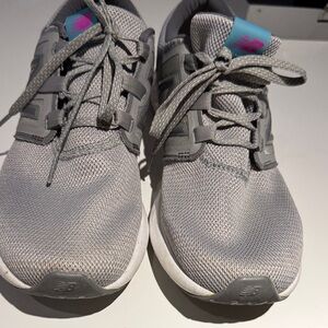 New Balance Ladies Gray Mesh Sneakers with Blue and Pink Accents